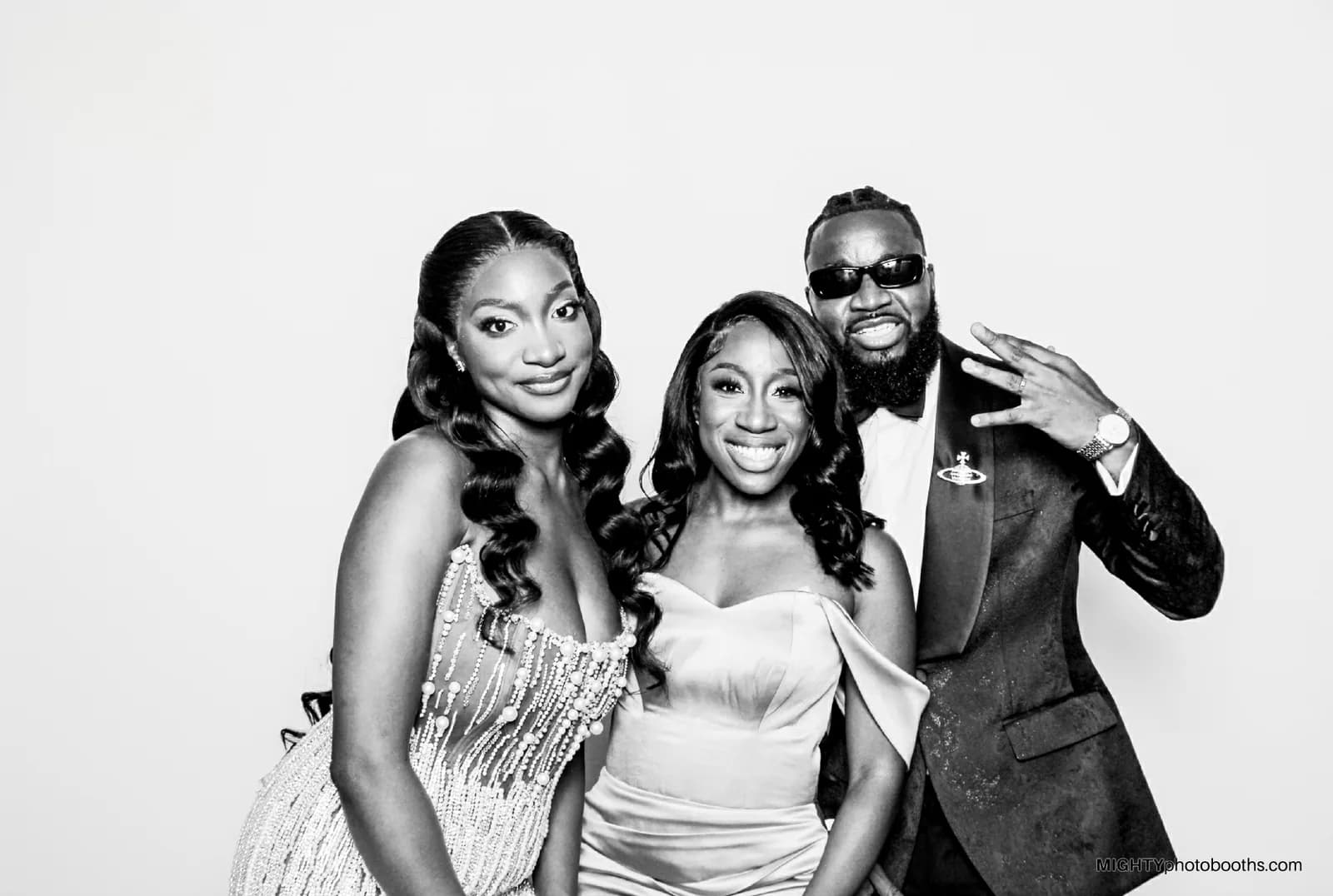 Three guests in gowns, Hollywood glam photo booth