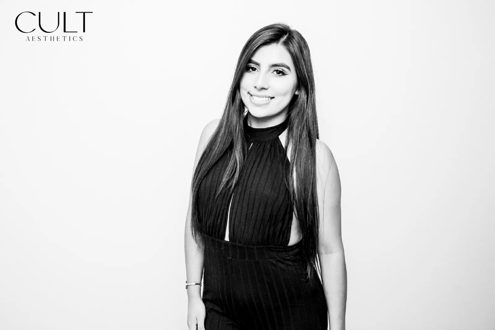Solo black and white glam portrait with studio lighting