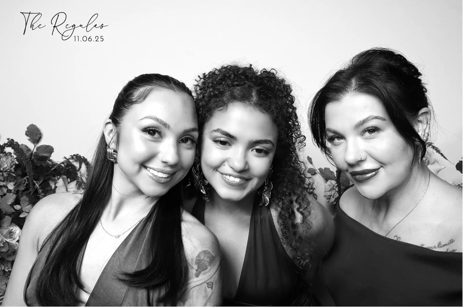 Bridal party in soft, bright black and white glam portrait