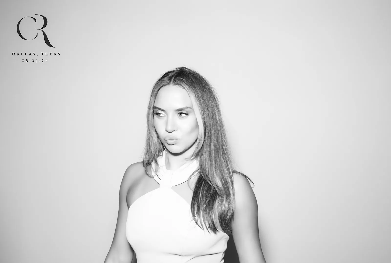 Black and white glam portrait, white halter dress