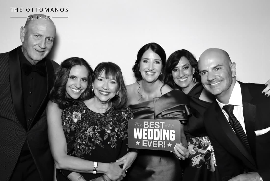 Black and white glam photo booth group output at the Bordayo wedding