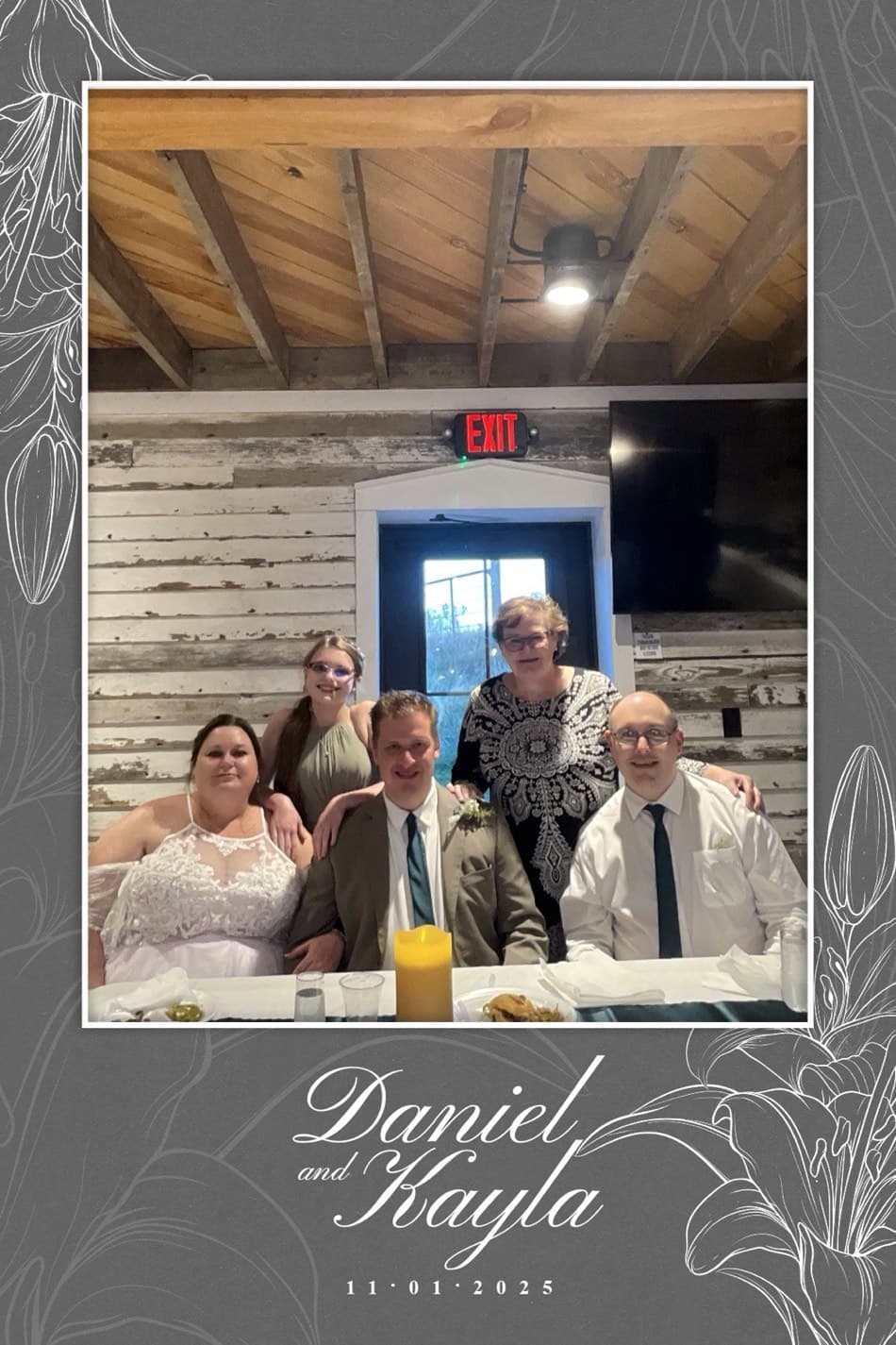 Bride and groom with their wedding party in a ring roamer photo booth output