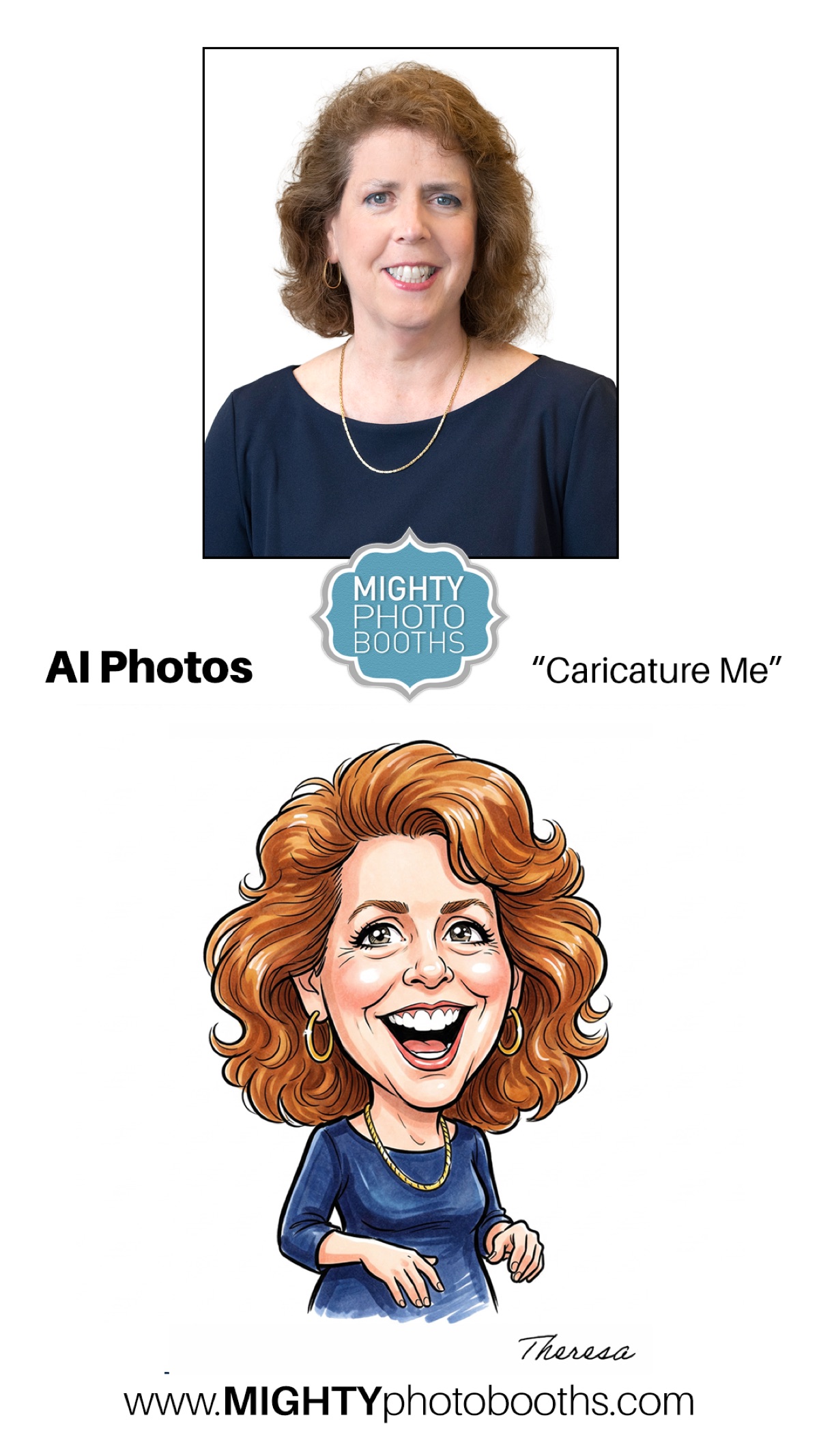 AI caricature photo booth output, guest transformed into a hand-drawn caricature portrait