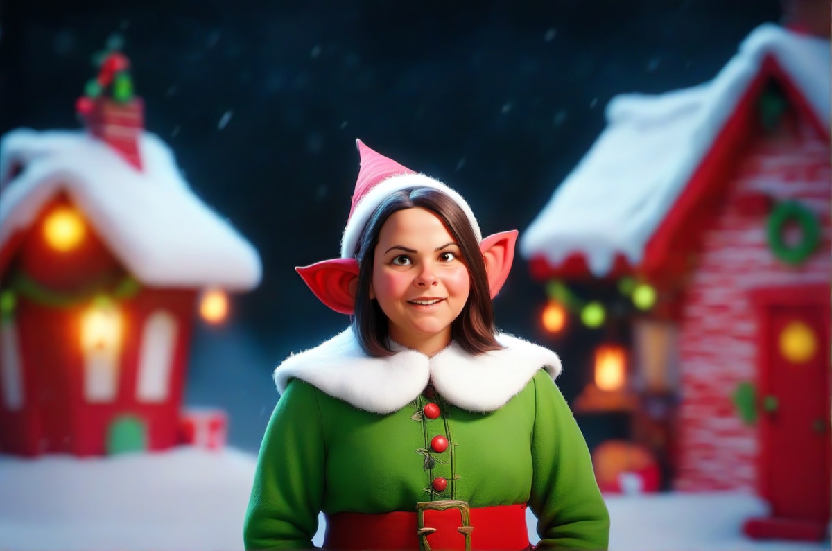 AI holiday photo experience output from a Dallas holiday party, guests in a festive AI-generated winter scene
