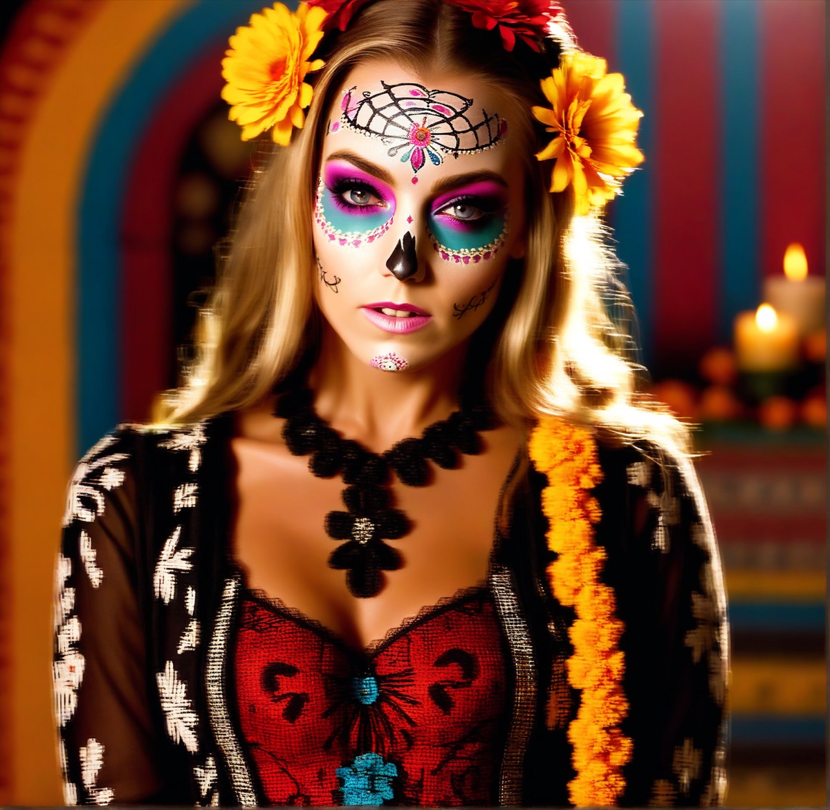 AI faceswap photo booth output from a Halloween event, Día de los Muertos themed portrait